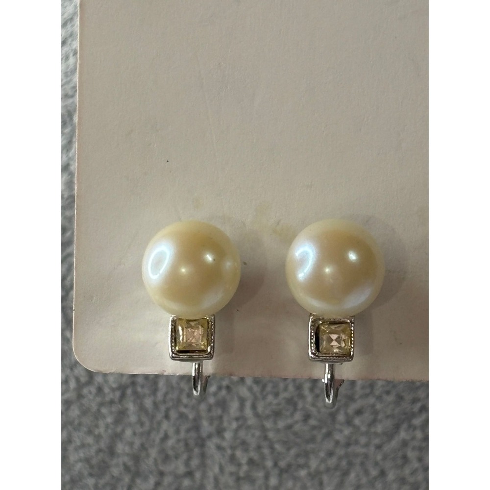 #45. Vintage Silver-tone  Faux Pearl Rhinestone Clip-on Earrings